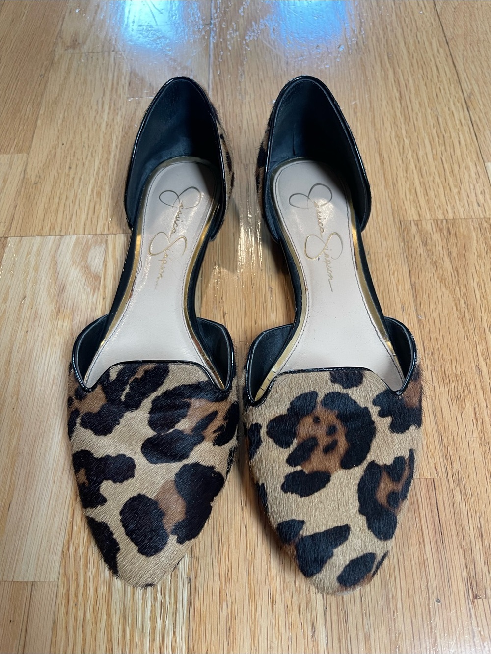 Jessica Simpson Leopard Print Pointed D'Orsay Flats in Tan and Black